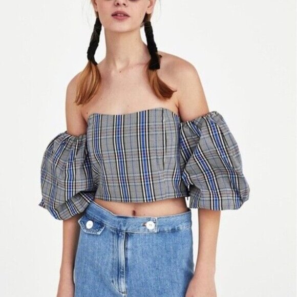Zara Plaid Off-Shoulder Puff Sleeve Crop Top - Picture 1 of 8